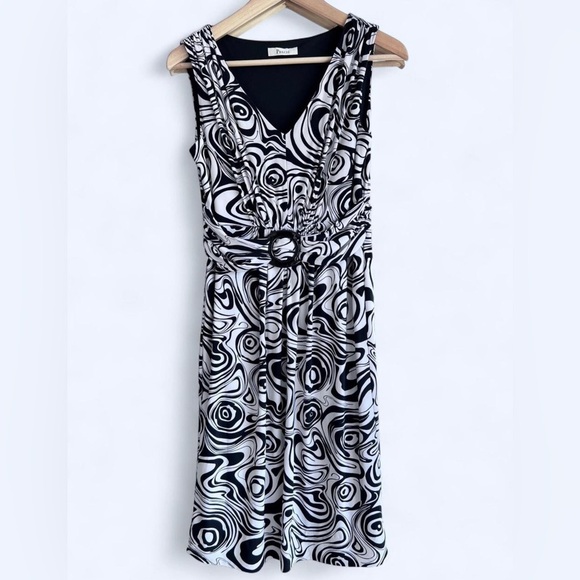 Précis Black White Swirl Print Midi Dress Maximalist V-Neck Retro Y2K Size 8 - Picture 1 of 9
